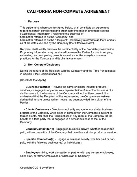 non compete agreement california template pdf